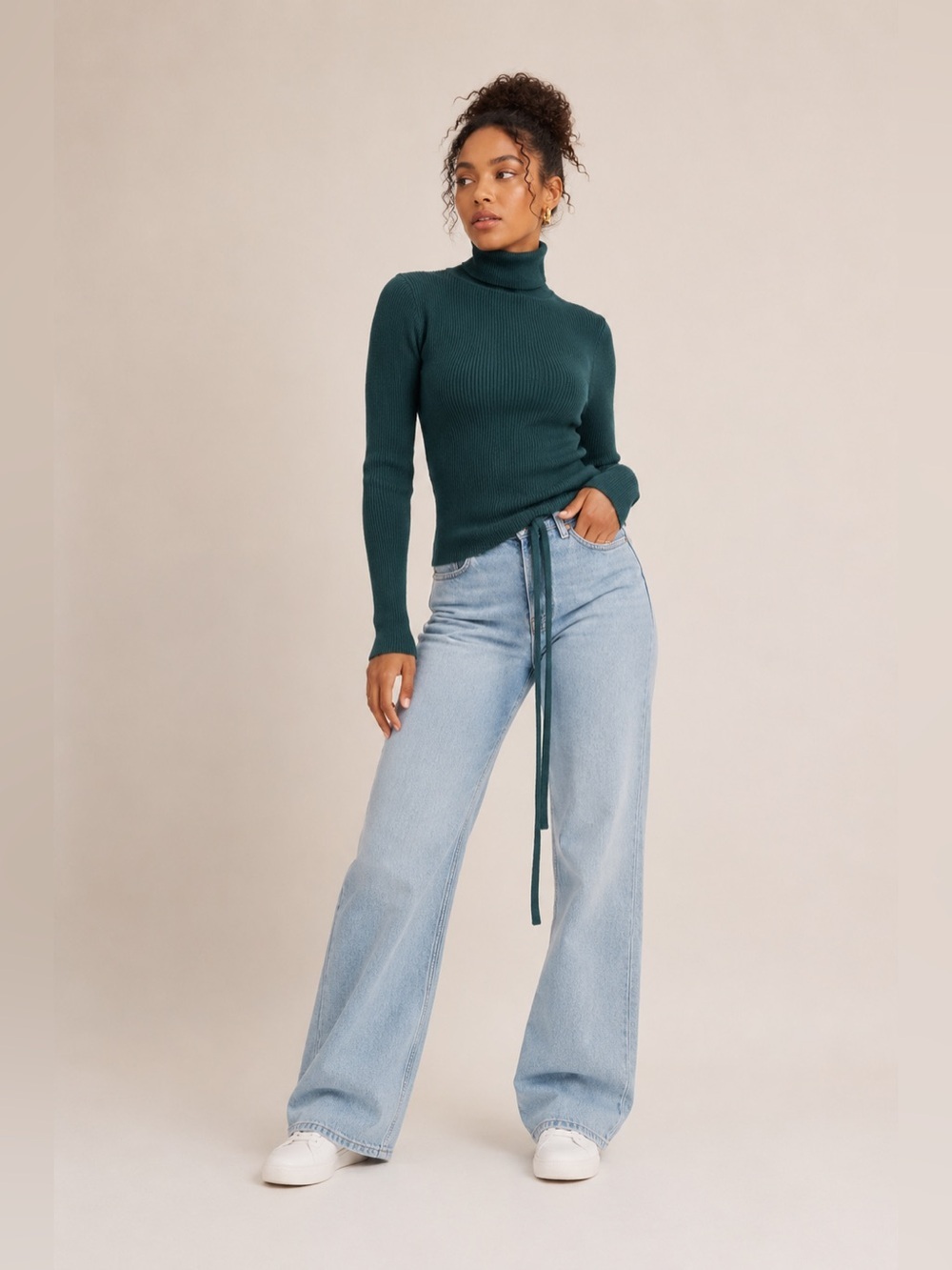 Lulus Ribbed Turtleneck Sweater Emerald Green Medium